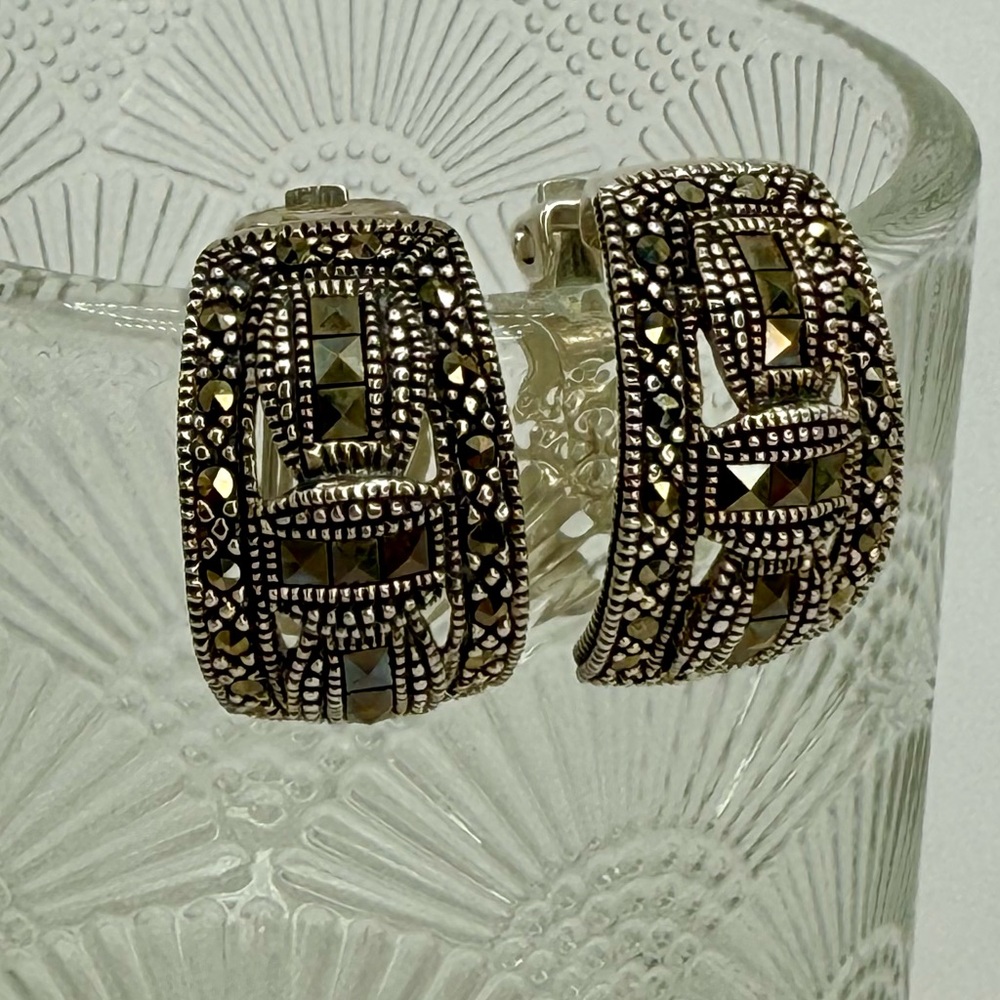 Vintage Sterling Silver Marcasite Clip-On Earrings – Geometric Art Deco Revival